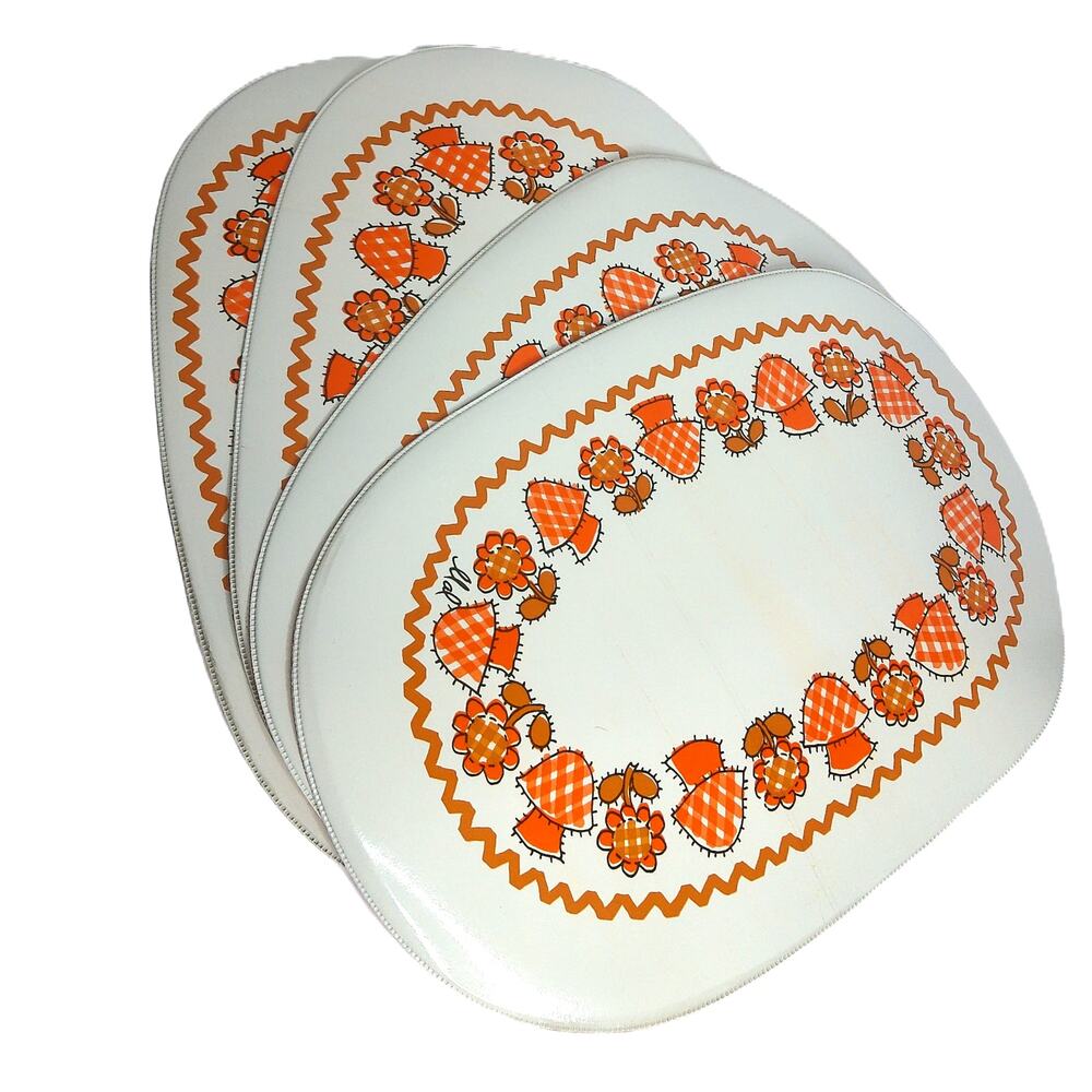 Vintage 70s Orange Mushroom Placemats Retro Floral Oval Table Mats Set of 4 - Picture 8 of 9